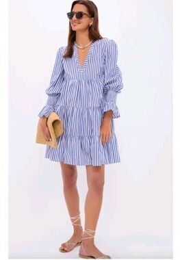 Pomander Place Kenzo Dress Blue White Stripe Size L Tiered Cotton Tuckernuck